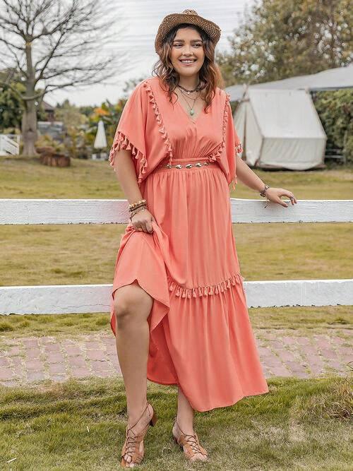 Plus Size Tassel Trim V-Neck Short Sleeve Ruffle Hem Dress - Clothes For Her Online Store