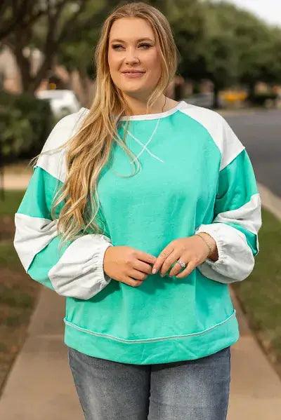 Plus Size Exposed Seam Color Block Long Sleeve Sweatshirt - Clothes For Her Online Store