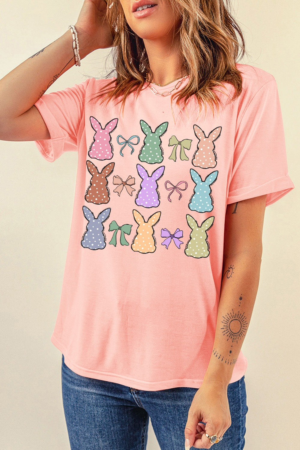 Dotty Bunny Bow Graphic Short Sleeve T-Shirt - Clothes For Her Online Store
