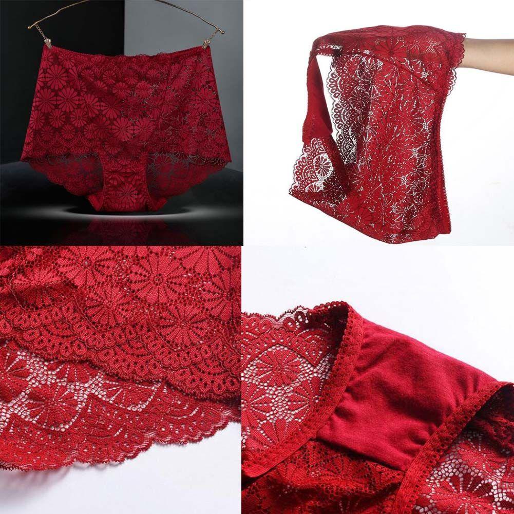 3 Pcs Lace Sexy Bikini Panties Daisy Mesh Underwear Plus Size Boyshorts Panties for Women Pack,Red Purplish Grey Wine Red - Clothes For Her Online Store
