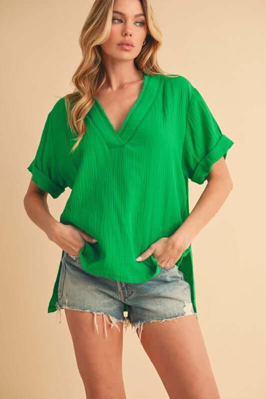 Aemi + Co Side Slit V-Neck Short Sleeve Blouse - Clothes For Her Online Store
