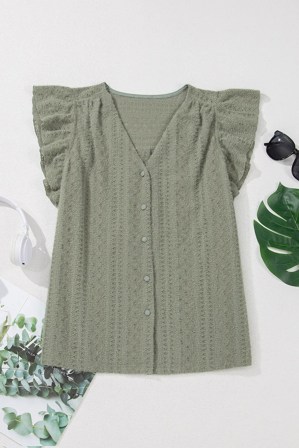 Flutter Sleeve Lace V Neck Shirt