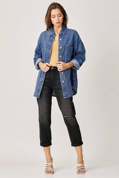 RISEN Button Up Drop Shoulder Denim Shacket - Clothes For Her Online Store