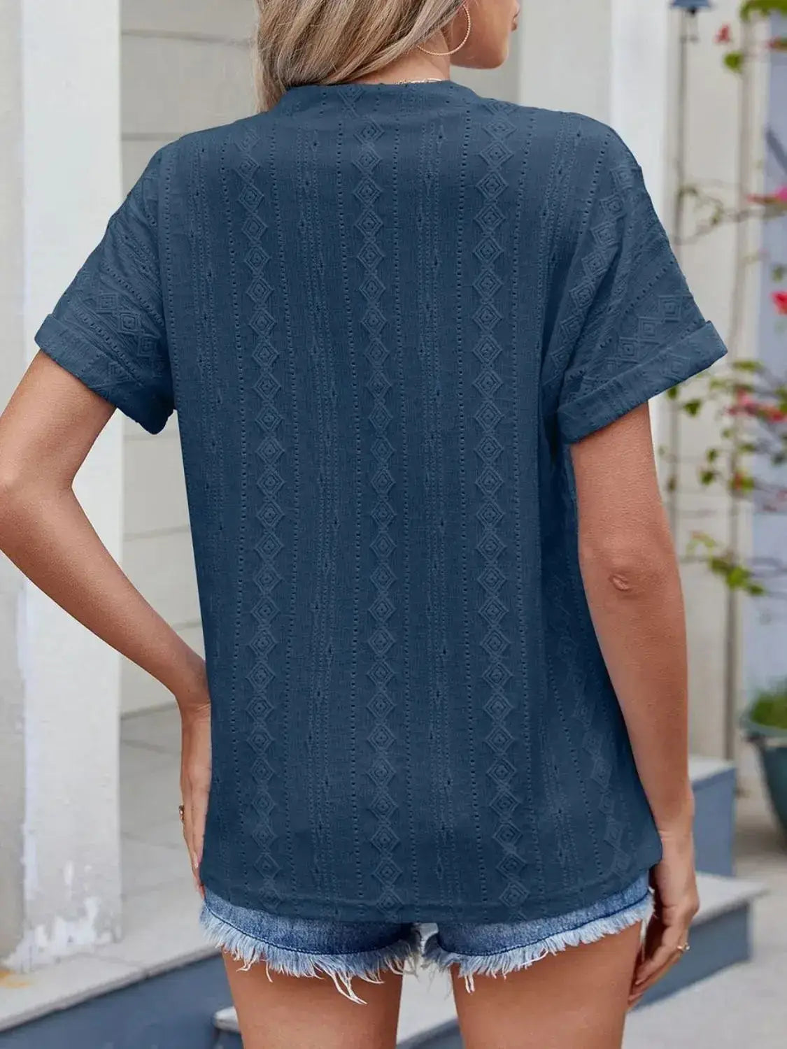 Eyelet Notched Short Sleeve Top - Clothes For Her Online Store