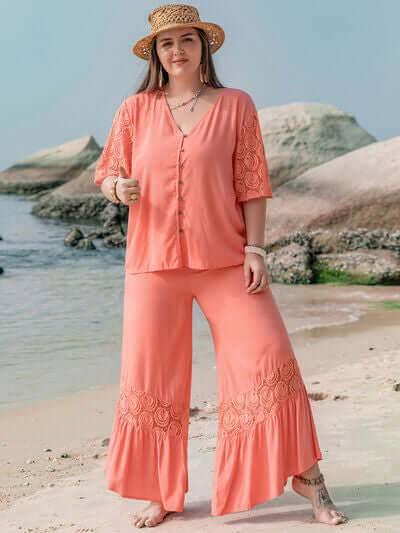 Plus Size Button Up Half Sleeve Top and Pants Set - Clothes For Her Online Store
