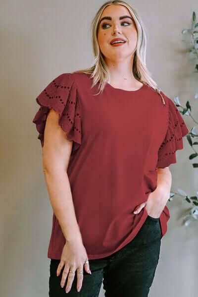 Plus Size Eyelet Round Neck Short Sleeve Blouse - Clothes For Her Online Store