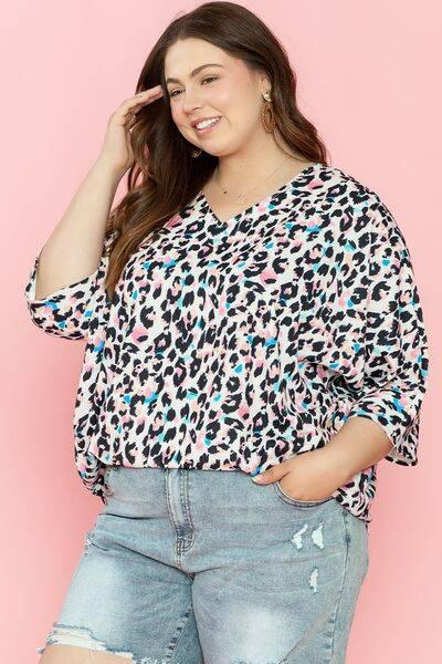 Plus Size Leopard V-Neck Three-Quarter Sleeve Blouse - Clothes For Her Online Store