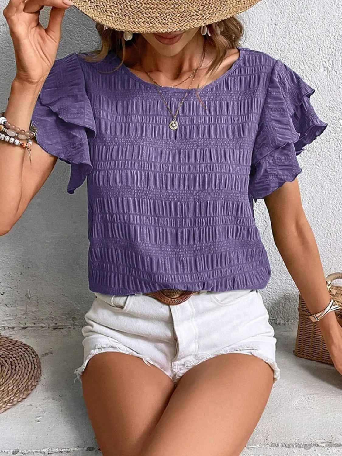 Round Neck Ruffled Short Sleeve Top