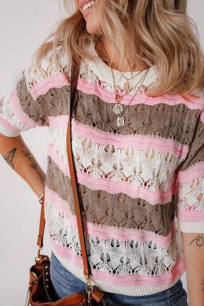 Color Block Openwork Half Sleeve Sweater - Clothes For Her Online Store
