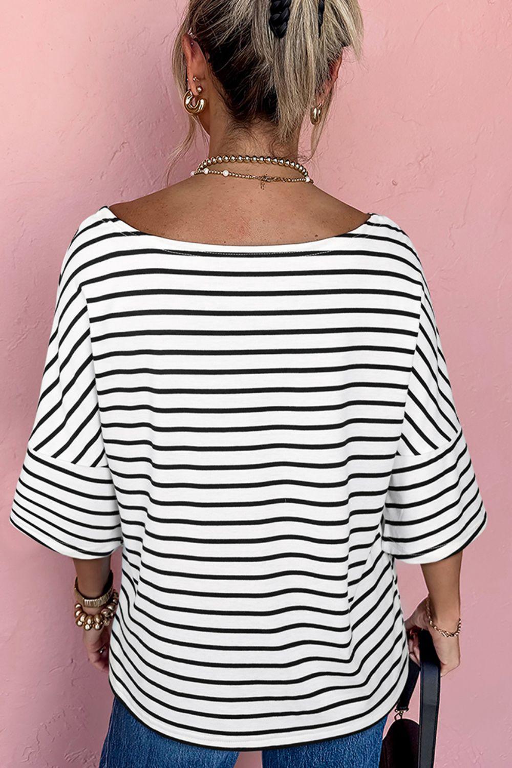 Stripe Half Sleeve Scoop Neck Top - Clothes For Her Online Store