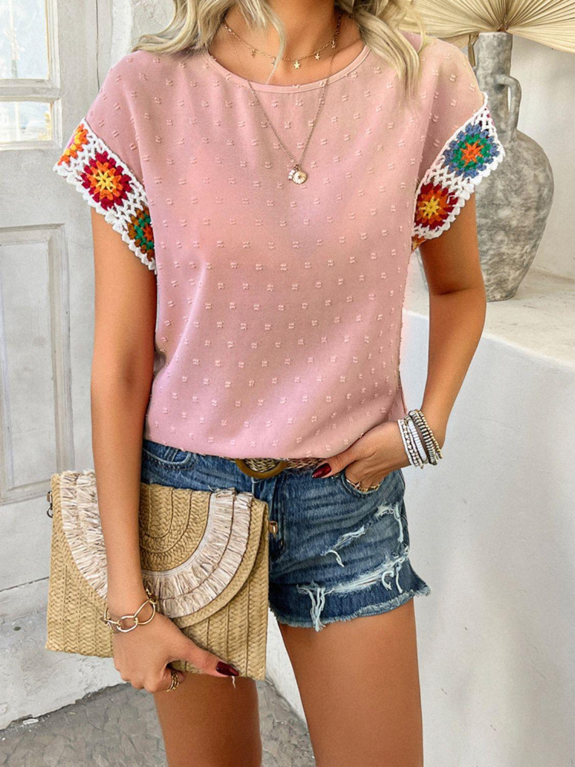 Devine Swiss Dot Round Neck Crochet Short Sleeve Top - Clothes For Her Online Store
