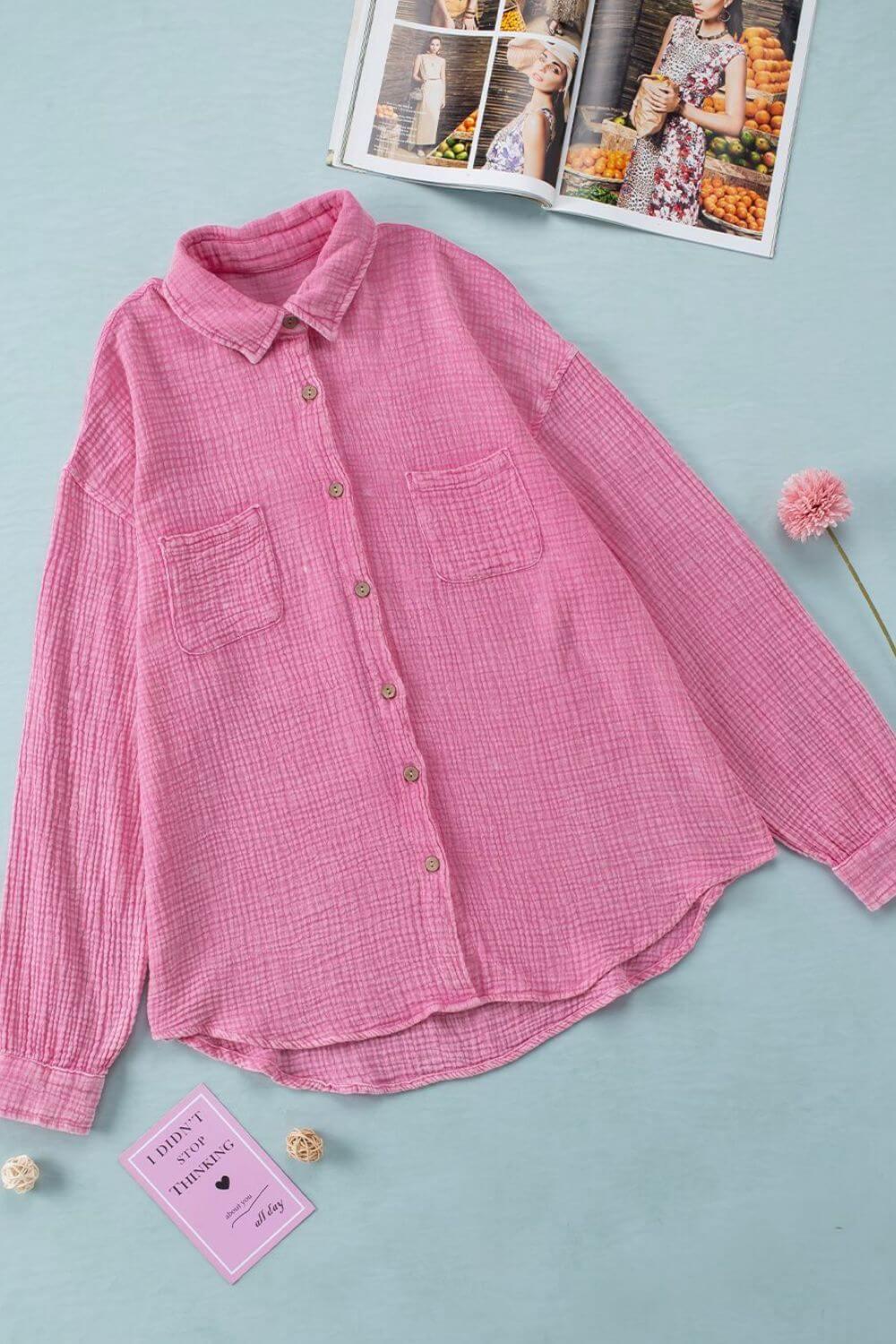 Button Down Collared Neck Long Sleeve Shirt - Clothes For Her Online Store