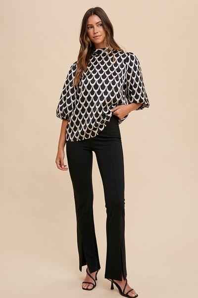Annie Wear Tie Back Abstract Print Mock Neck Half Sleeve Blouse - Clothes For Her Online Store