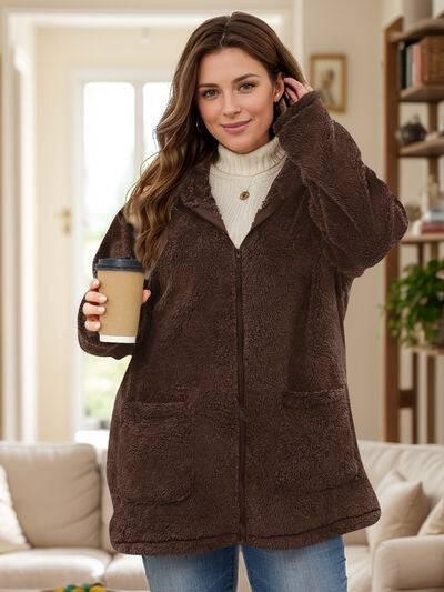 Plus Size Zip Up Long Sleeve Hooded Outerwear - Clothes For Her Online Store