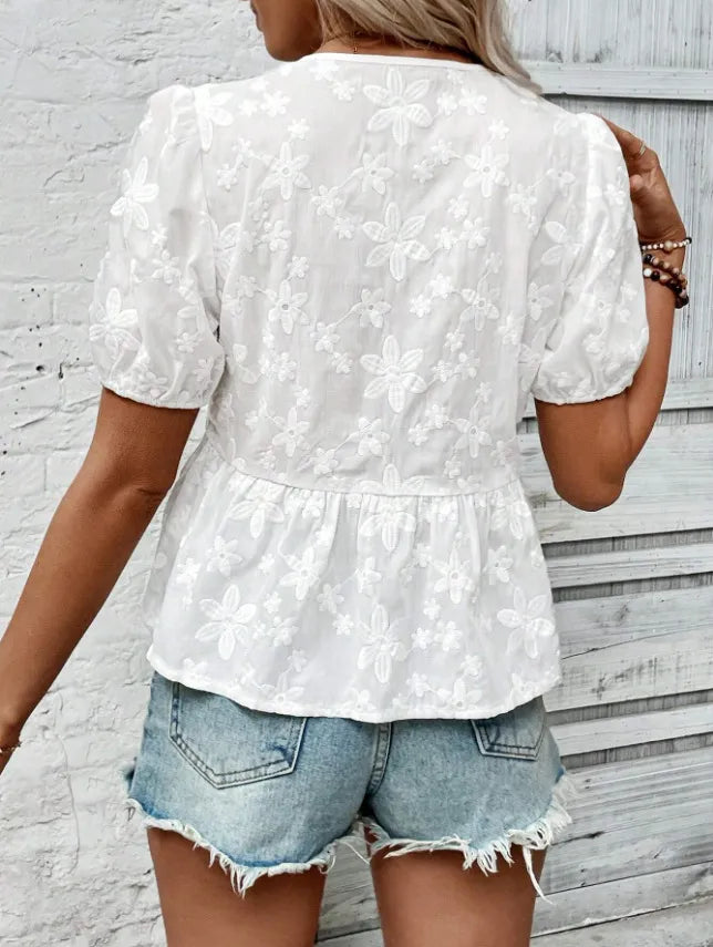 Puff Sleeve Tie Front Lace Peplum Blouse