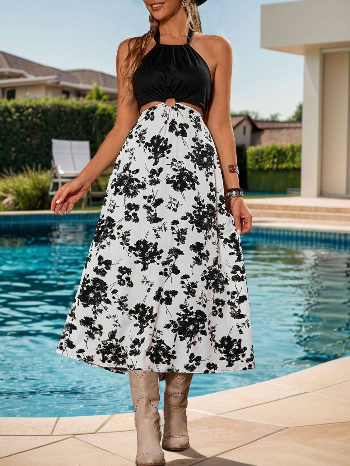 Perfee Backless Printed Halter Neck Midi Dress - Clothes For Her Online Store