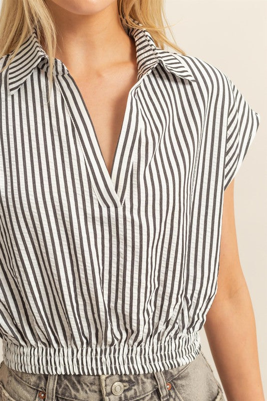 HYFVE Striped Elastic Hem Johnny Collar Cap Sleeve Blouse - Clothes For Her Online Store