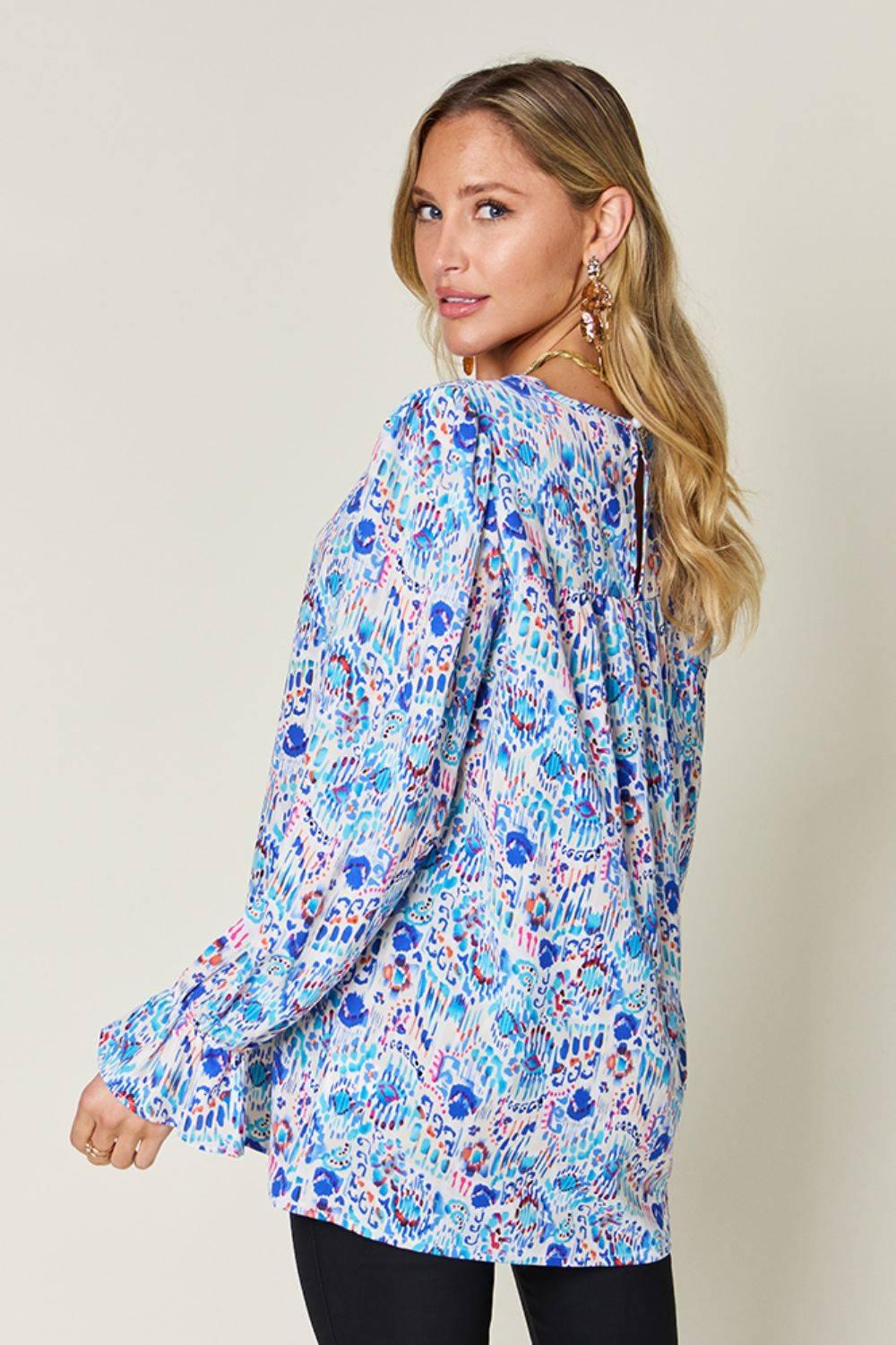 Double Take Full Size Printed Flounce Sleeve Blouse - Clothes For Her Online Store