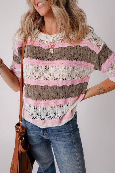 Color Block Openwork Half Sleeve Sweater - Clothes For Her Online Store