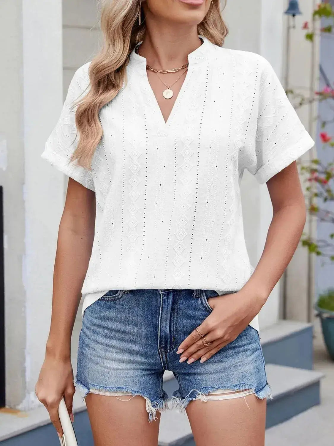 Eyelet Notched Short Sleeve Top - Clothes For Her Online Store