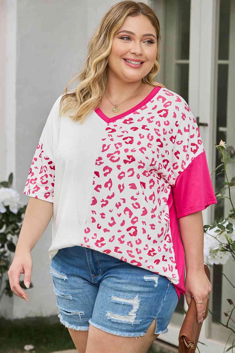 Plus Size Leopard V-Neck T-Shirt - Clothes For Her Online Store
