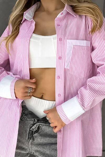 Striped Collared Neck Long Sleeve Shirt - Clothes For Her Online Store