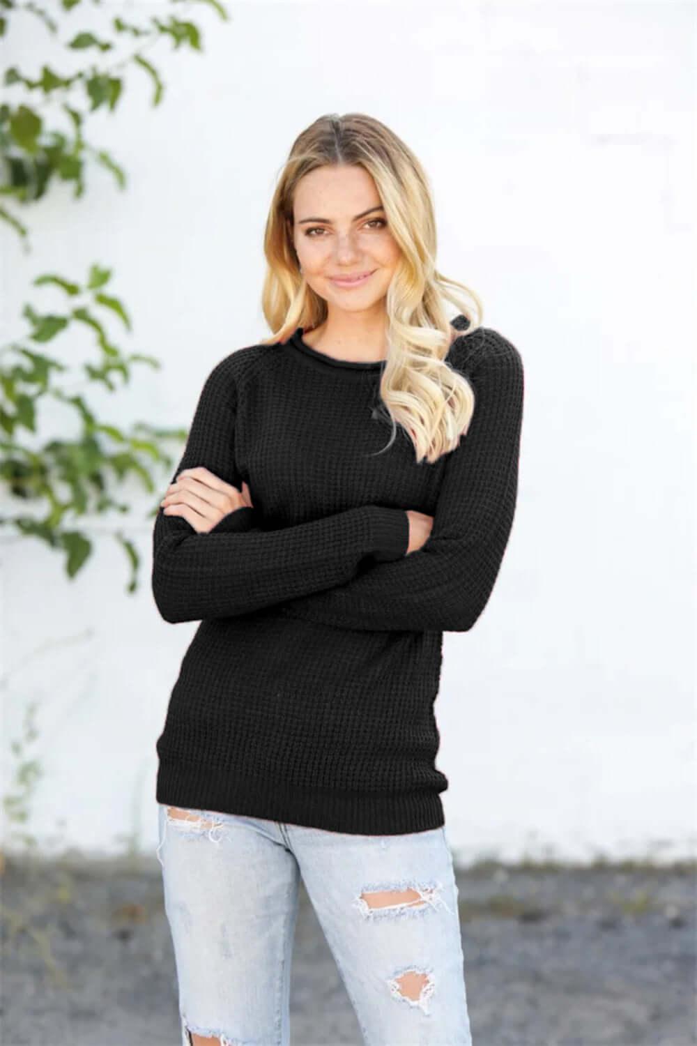 Round Neck Raglan Sleeve Sweater - Clothes For Her Online Store