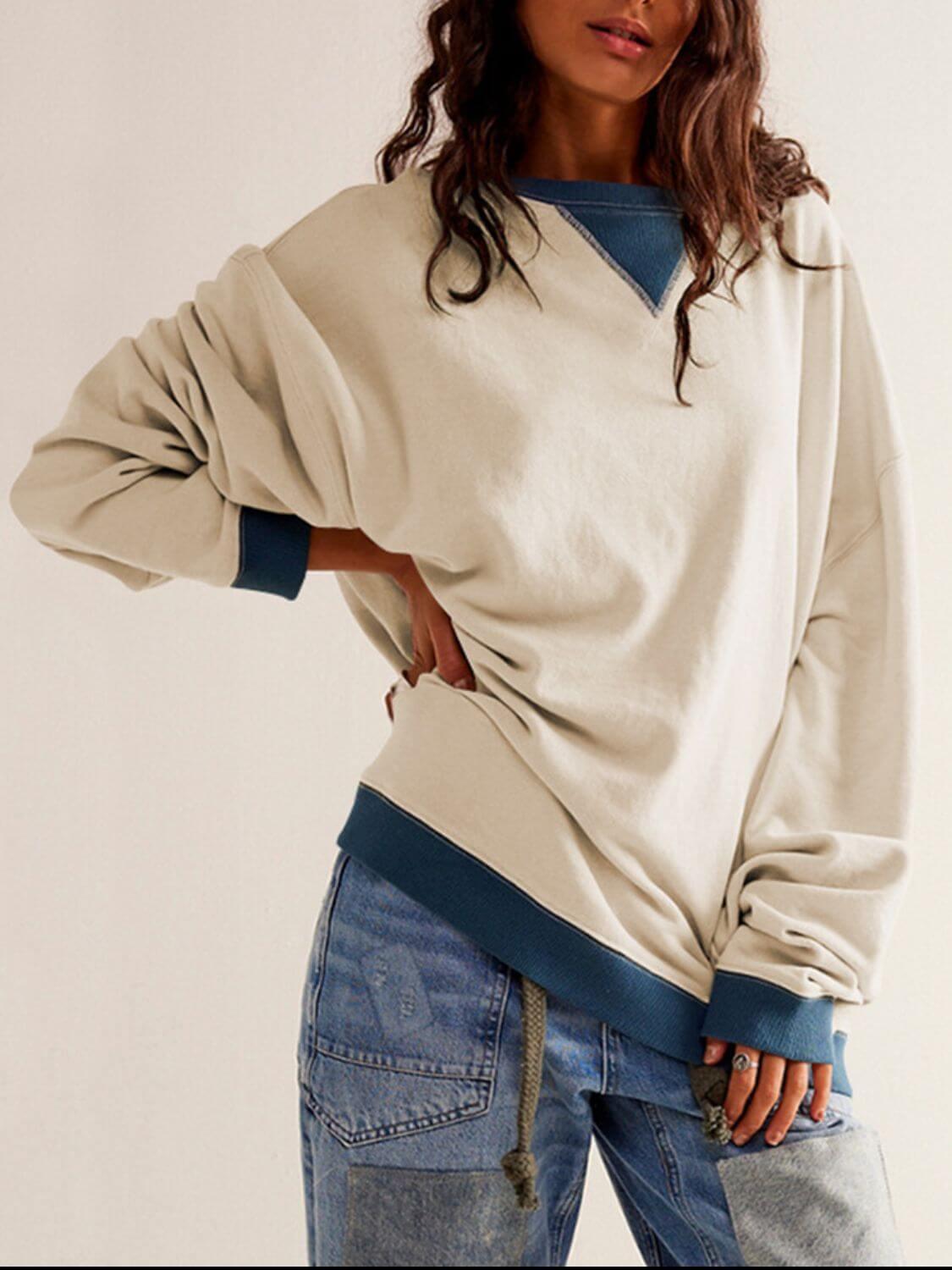 Mandy Contrast Trim Round Neck Long Sleeve Sweatshirt - Clothes For Her Online Store