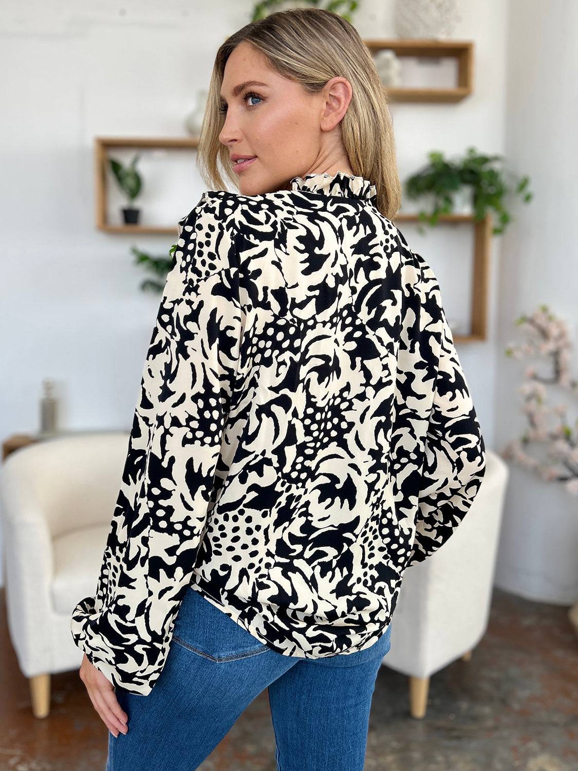 Double Take Full Size Printed Ruffle Trim Balloon Sleeve Shirt - Clothes For Her Online Store