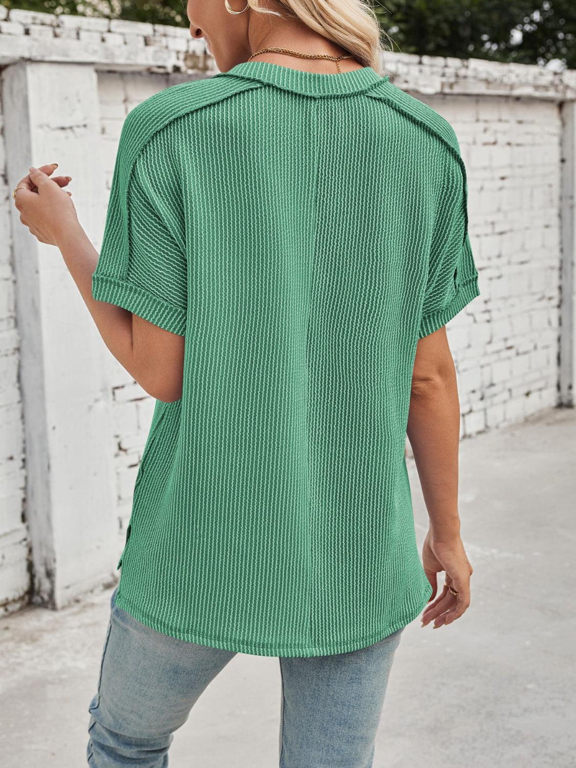 Cord Ribbed V-Neck Short Sleeve T-Shirt - Clothes For Her Online Store