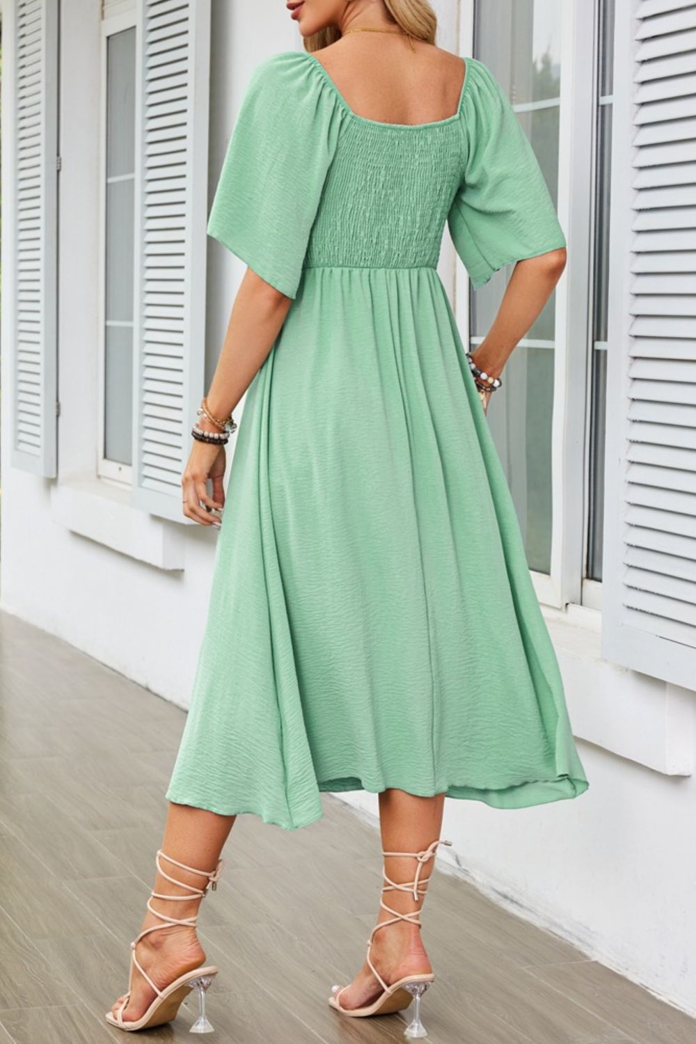 Smocked Tie Front Flutter Sleeve Midi Dress - Clothes For Her Online Store