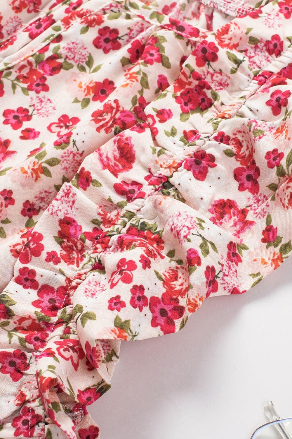 Ruffled Floral Round Neck Cap Sleeve Blouse - Clothes For Her Online Store