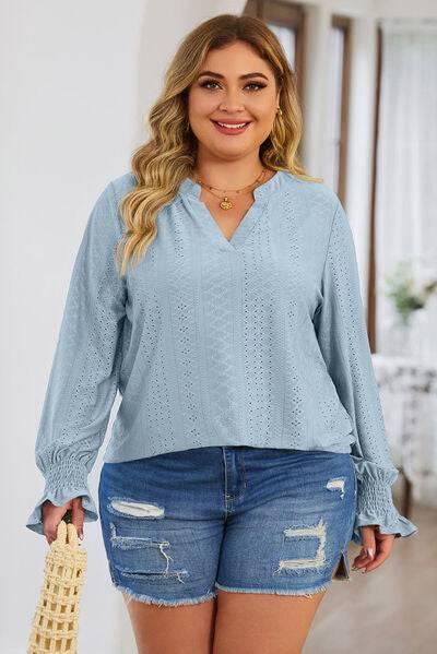 Plus Size Eyelet Notched Flounce Sleeve Blouse - Clothes For Her Online Store