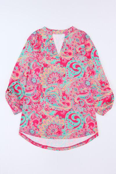 Plus Size Printed Notched Long Sleeve Blouse - Clothes For Her Online Store