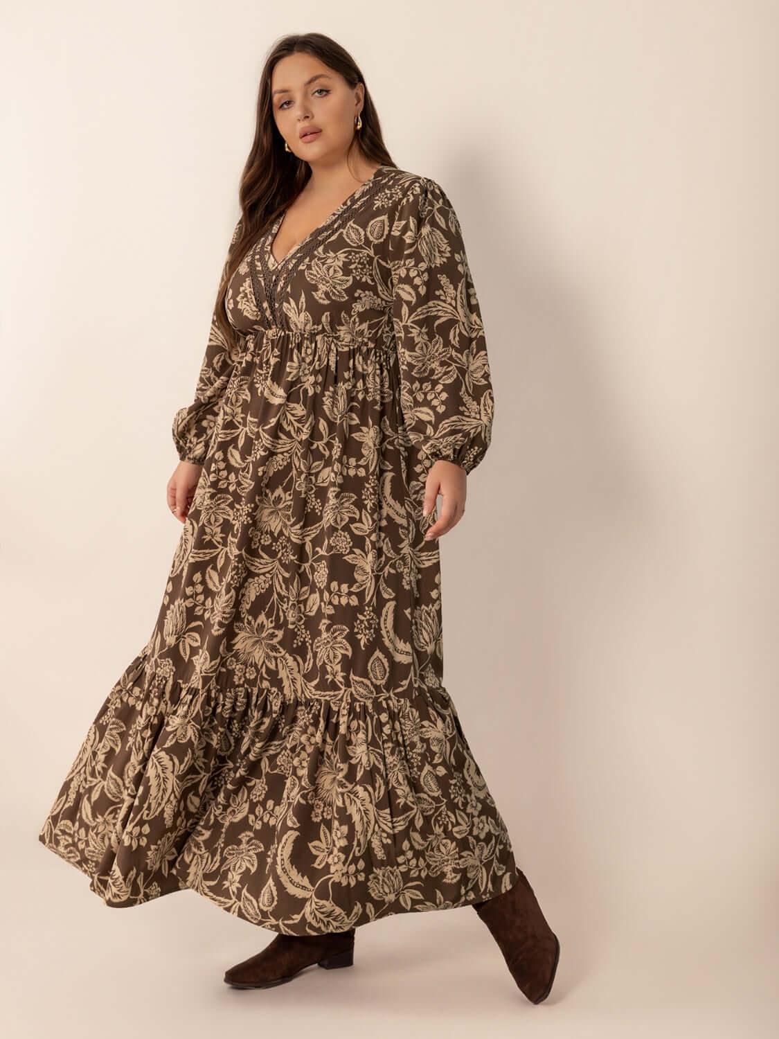 Plus Size Printed V-Neck Balloon Sleeve Maxi Dress - Clothes For Her Online Store