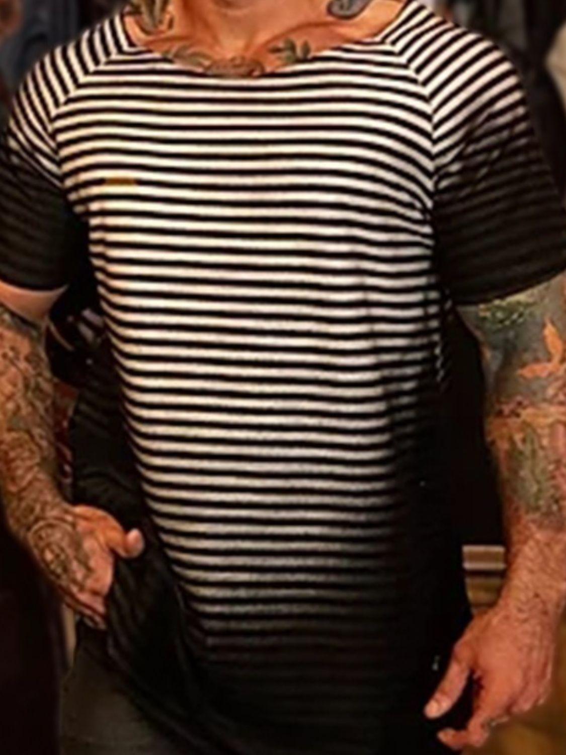 Men's Full Size Round Neck Short Sleeve Striped T-Shirt Plus Size - Clothes For Her Online Store
