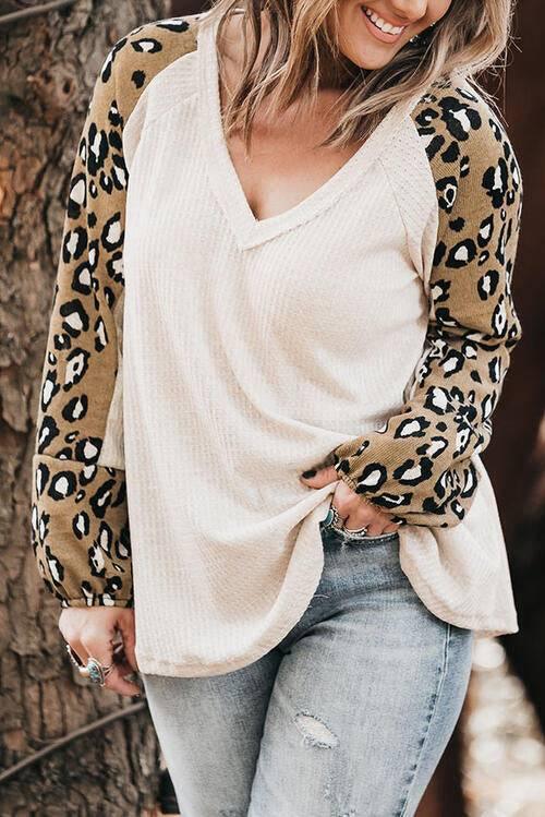 Plus Size Leopard V-Neck Raglan Sleeve Blouse - Clothes For Her Online Store