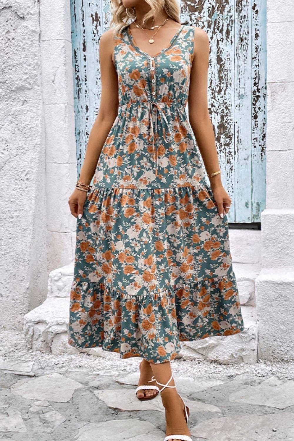 Perfee Floral V-Neck Tiered Sleeveless Dress - Clothes For Her Online Store