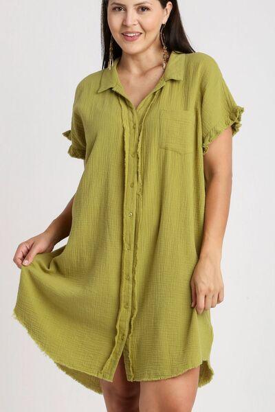 Umgee Full Size Raw Hem Button Down Short Sleeve Gauze Shirt Dress Plus Size - Clothes For Her Online Store