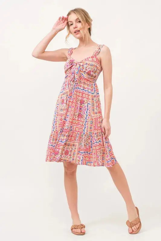 And The Why Tied Front Smocked Back Tiered Boho Printed Dress - Clothes For Her Online Store