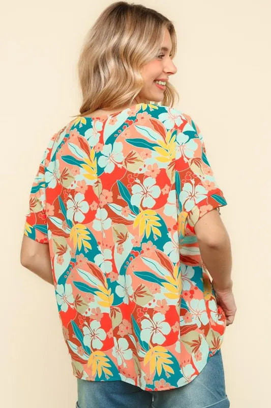 Haptics V Neck Drop Shoulder Hawaiian Woven Top