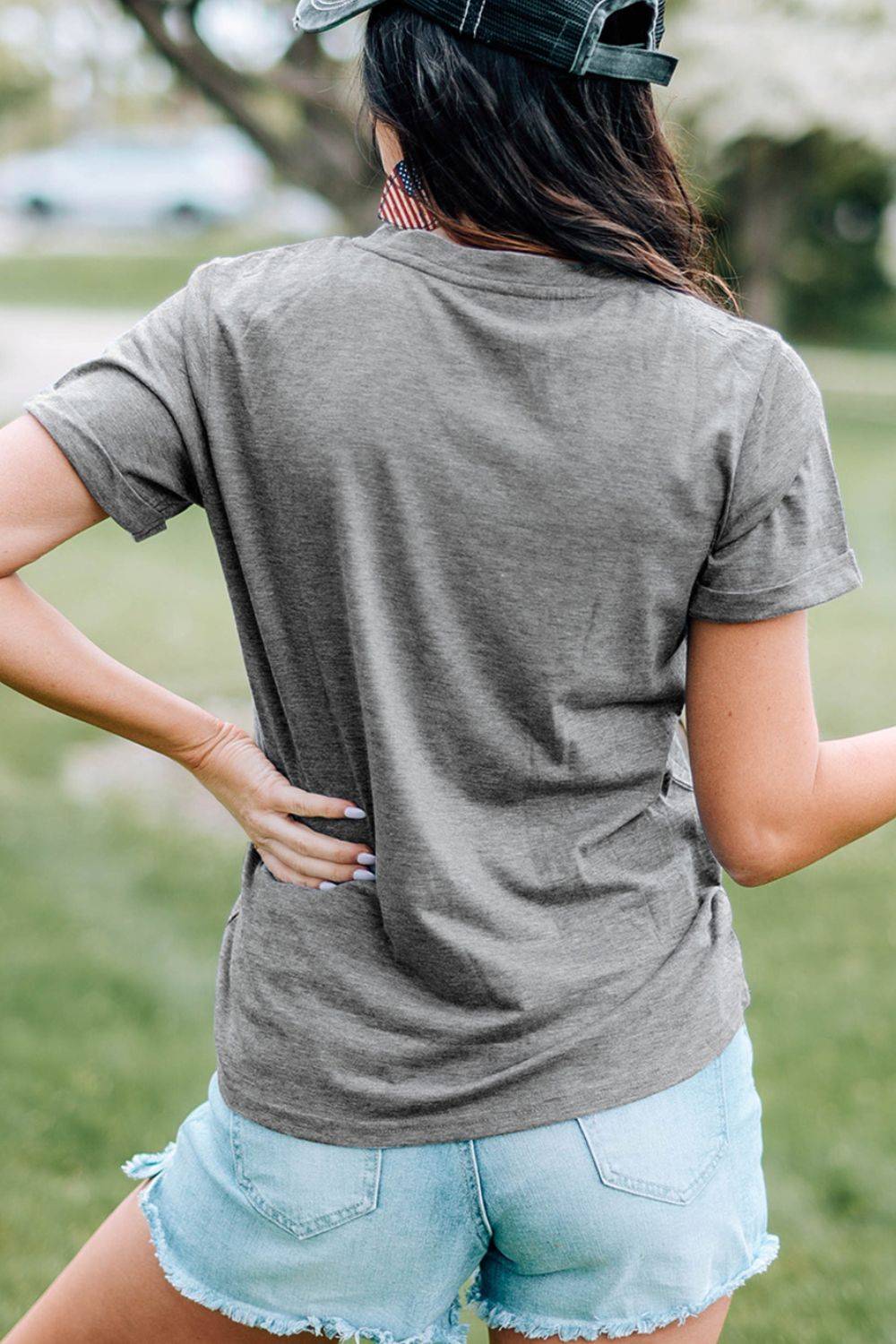 HOPPY Chenille Patch Round Neck Short Sleeve T-Shirt - Clothes For Her Online Store