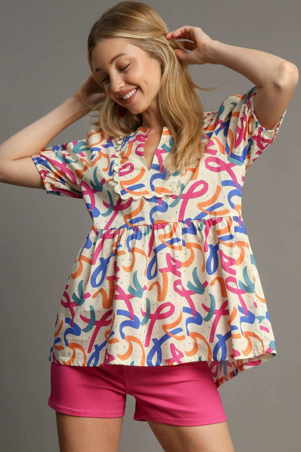 Umgee Full Size Mixed Print Puff Sleeve Babydoll Blouse Plus Size - Clothes For Her Online Store