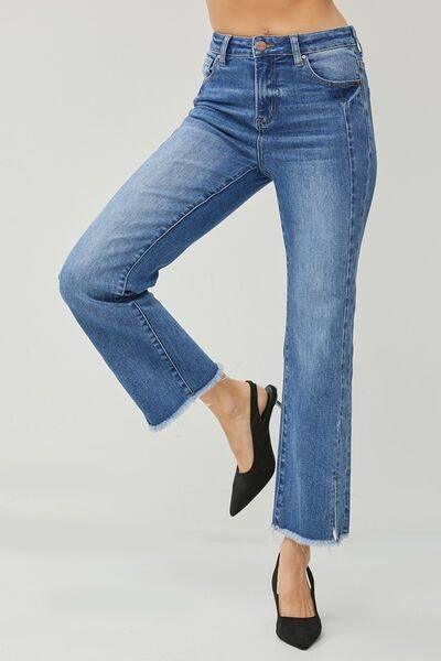 RISEN High Waist Raw Hem Slit Straight Jeans - Clothes For Her Online Store