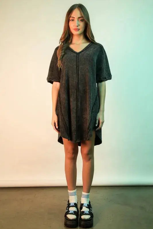 VERY J Mineral Washed Ribbed Knit Mini Dress - Clothes For Her Online Store