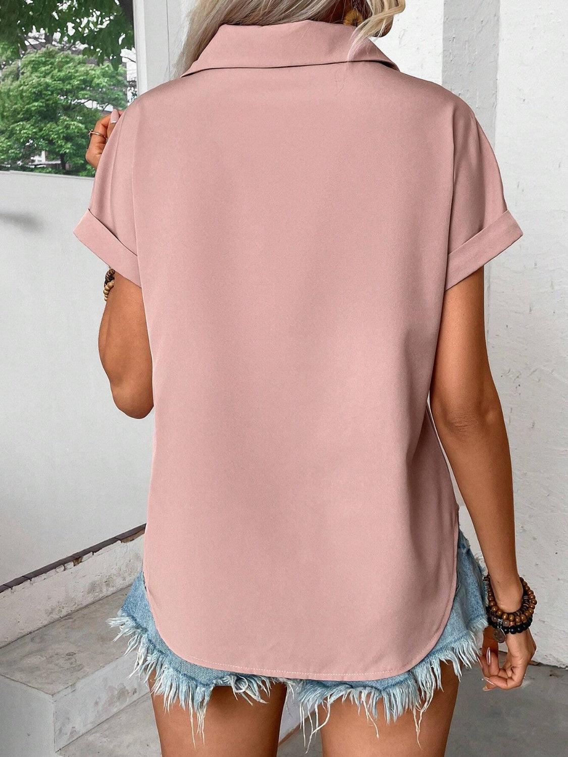 Pleated Detail Collared Neck Short Sleeve Shirt - Clothes For Her Online Store