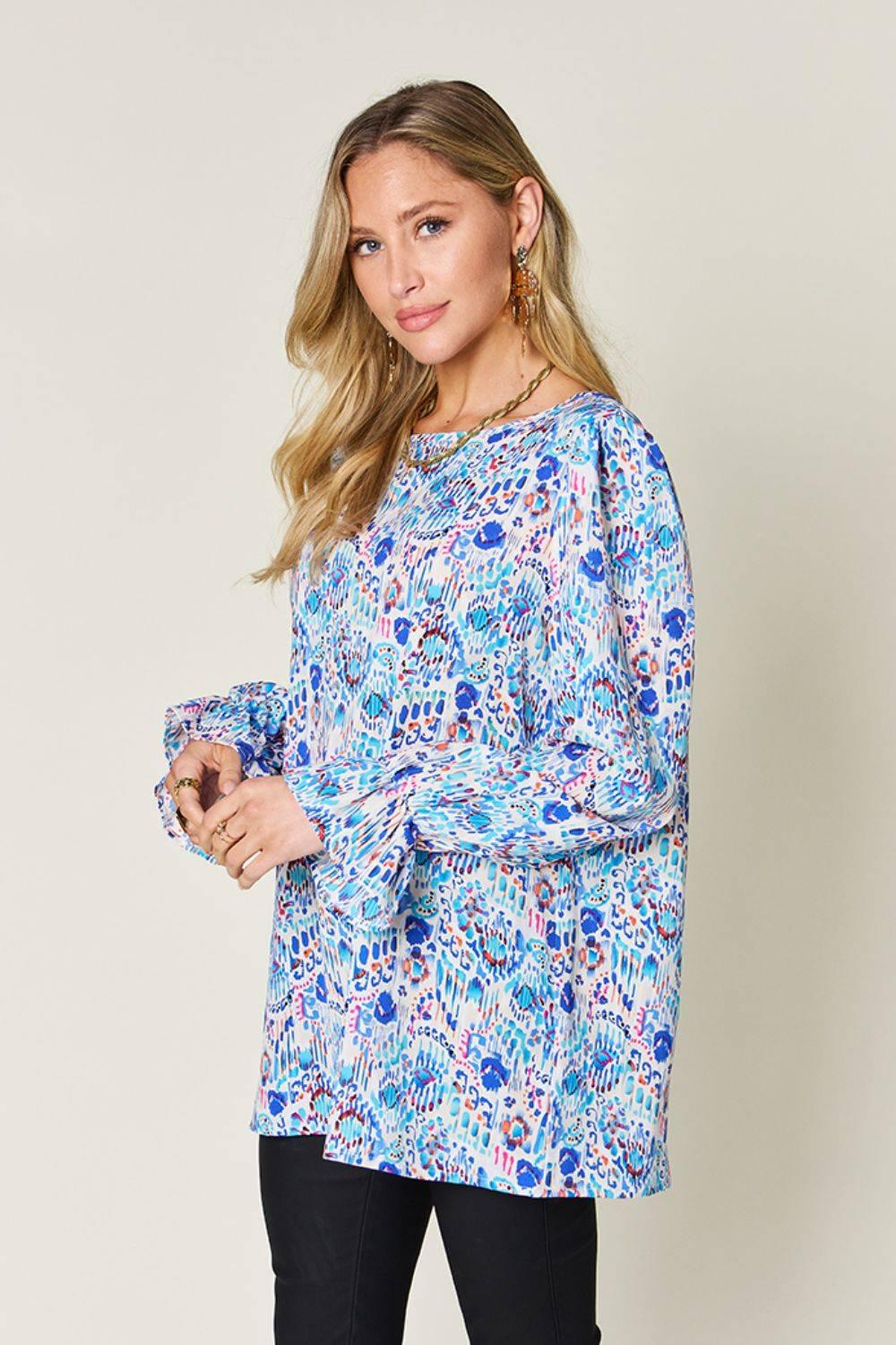 Double Take Full Size Printed Flounce Sleeve Blouse - Clothes For Her Online Store