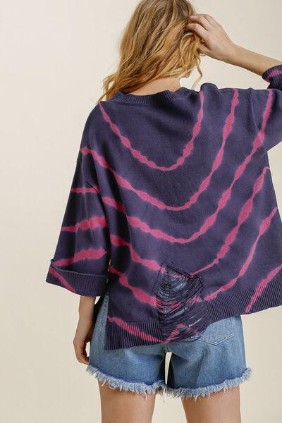 Umgee Full Size Tie Dye Side Slit Round Neck Distressed Detail Sweater Plus Size - Clothes For Her Online Store