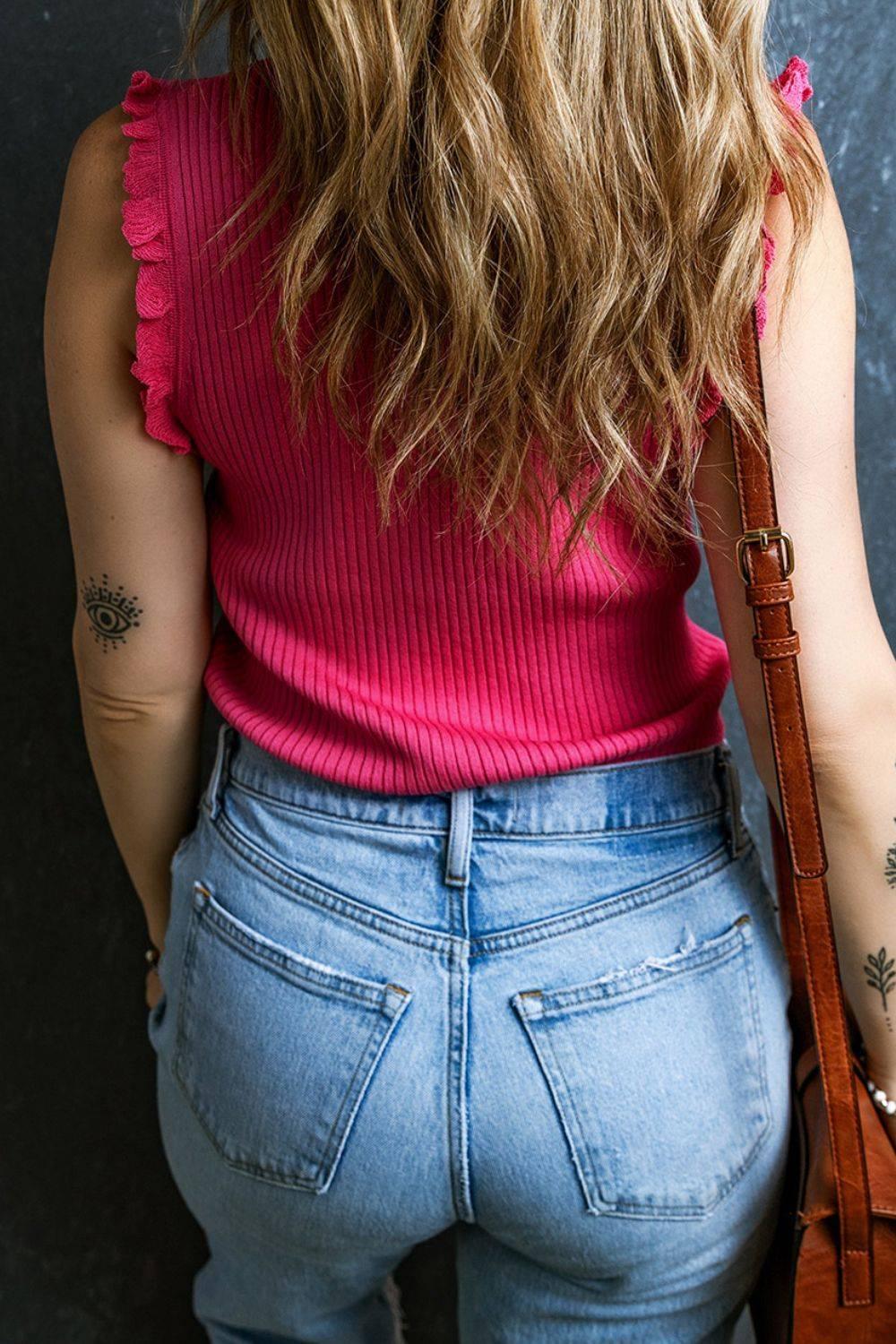 Ribbed Ruffled Round Neck Sweater Tank - Clothes For Her Online Store