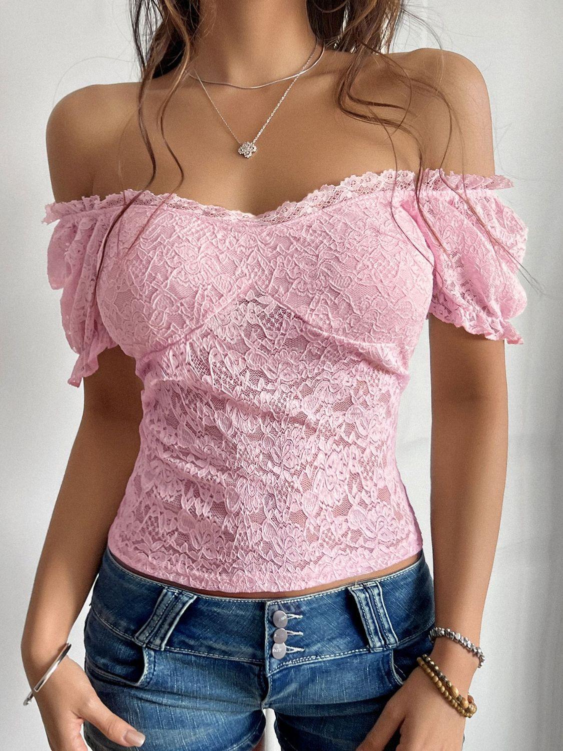 Devine Off-Shoulder Short Sleeve Lace Top - Clothes For Her Online Store